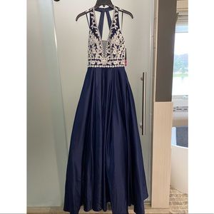 NWT Navy Blue Prom Dress with White Floral Detailing